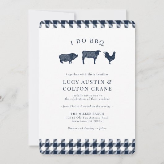 I Do BBQヴィンテージネイビーバッファロープレイド結婚ズ 招待状 (正面)