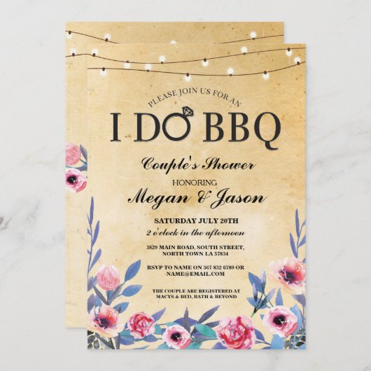 I DO BBQ婚約ライトヴィンテージフラワー招待状 招待状 (正面/裏面)