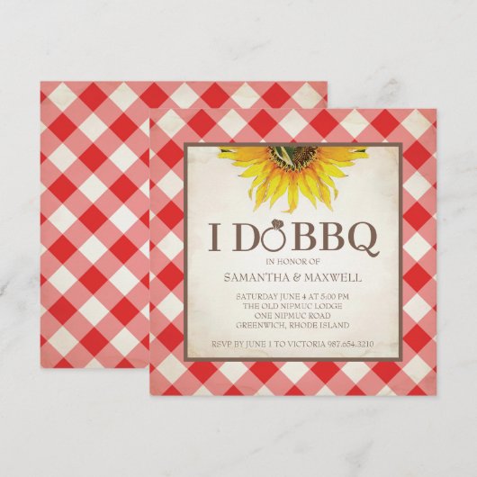 I Do BBQ招待状Red Gingham and Sunflower 招待状 (正面/裏面)