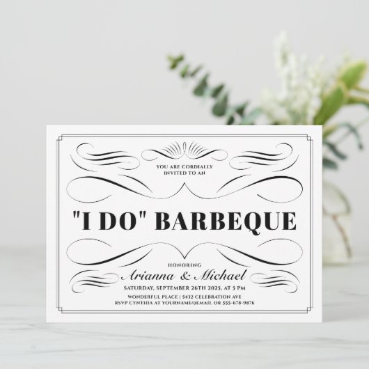 I Do BBQ の招待状 - オーダーメイドの色のスクロールワーク 招待状 (スタンド正面)