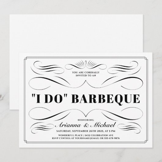 I Do BBQ の招待状 - オーダーメイドの色のスクロールワーク 招待状 (正面/裏面)