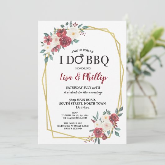 I Do BBQ エンゲージメント ゴールドフレーム ワインレッドの花 招待状 (スタンド正面)