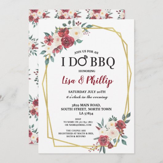 I Do BBQ エンゲージメント ゴールドフレーム ワインレッドの花 招待状 (正面/裏面)