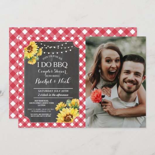I DO BBQ カップルシャワーのひまわり 赤い写真 招待状 (正面/裏面)