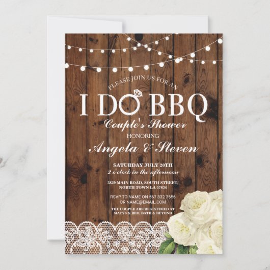 I DO BBQ カップルシャワーのストリングライト ローズ 招待状 (正面)