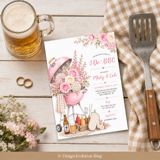 I Do BBQ カップルシャワーパーティ ピンクの花とバーベキュー 招待状