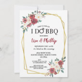 I Do BBQ 結婚式 黄金フレーム ワインレッドの花 招待状 (正面)
