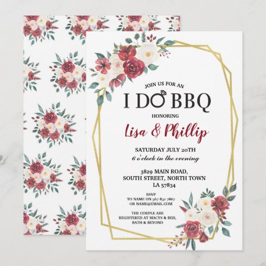 I Do BBQ 結婚記念 ゴールドフレーム ワインレッドの花 招待状 (正面/裏面)