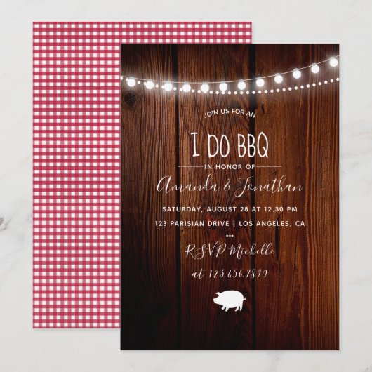 "I DO BBQ"風の裏庭のストリングライトの招待 招待状 (正面/裏面)