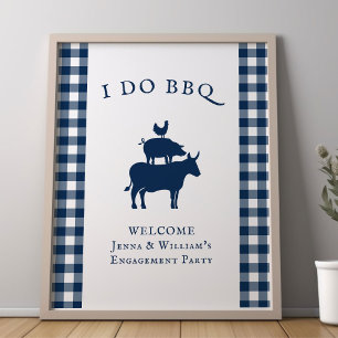 I Do BBQ Farmhouseネイビー素朴ブループレイドウェルカム ポスター