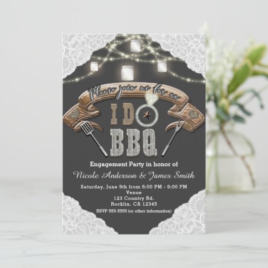 I DO BBQ Mason Jar Lights & Lace Gray婚約 招待状 (スタンド正面)