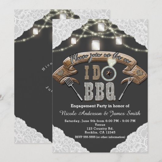 I DO BBQ Mason Jar Lights & Lace Gray婚約 招待状 (正面/裏面)