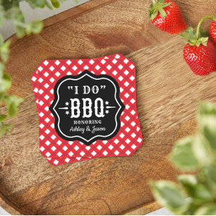 I Do BBQ Red Ginghamカスタムウェディング スクエアペーパーコースター