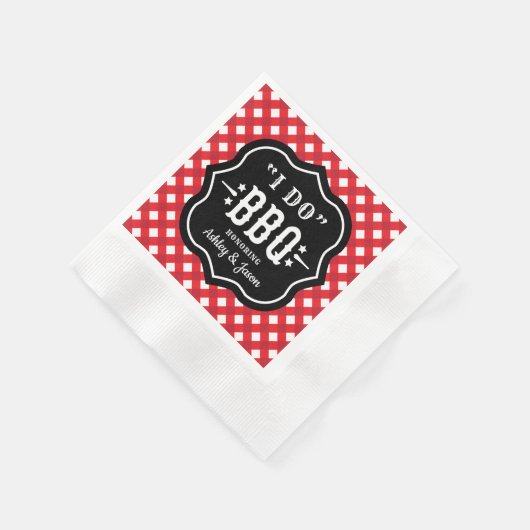 I Do BBQ Red Ginghamカスタムウェディング 縁ありカクテルナプキン (角)