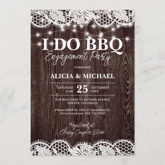 I DO BBQ rustic wood lace engagement party 招待状 (正面)