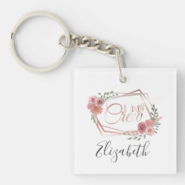 I Do Crew Pinkフローラ赤面ピンク花グリーン キーホルダー