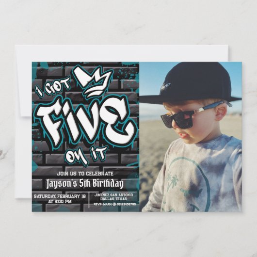 I Five 得 on it – 男の子5番誕生日と写真 招待状 (正面)