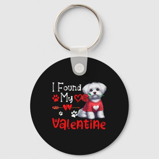 I Found My Valentine Maltese With Flower Cute Hear キーホルダー (正面)