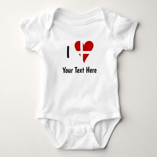 I (Funky Heart Shaped Danish Flag) Your Text ベビーボディスーツ (正面)