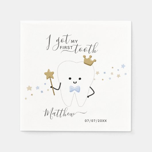 I got my first tooth Baby Boy Teething Date Squar スタンダードカクテルナプキン (正面)