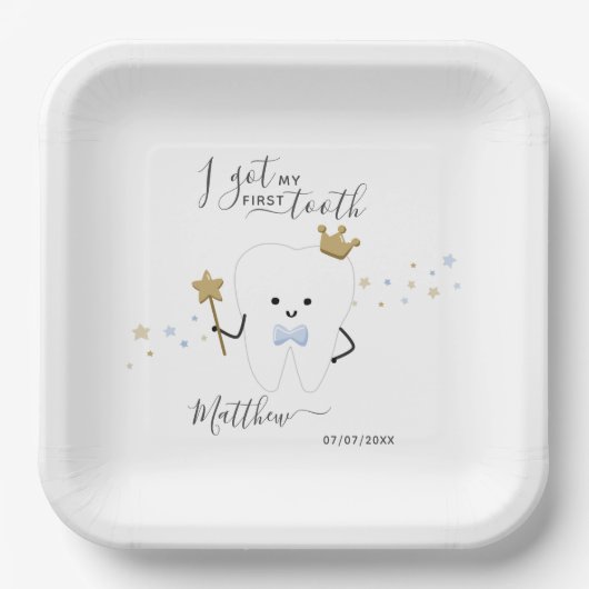 I got my first tooth Baby Boy Teething Date Squar ペーパープレート (正面)