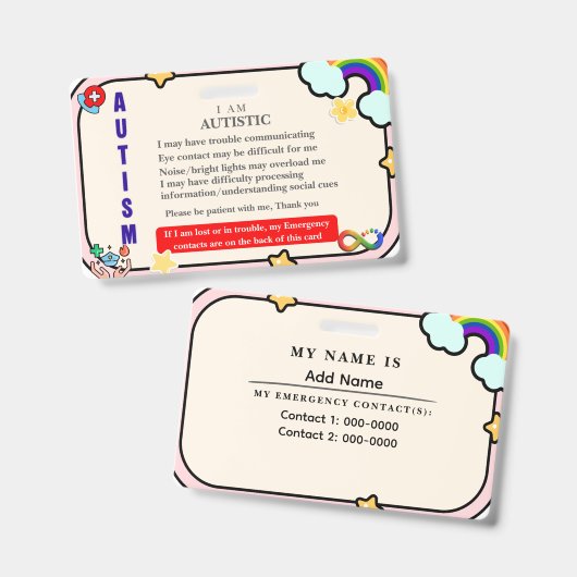 I Have Autism ID Personalized Autistic Name Badge バッジ (表裏)