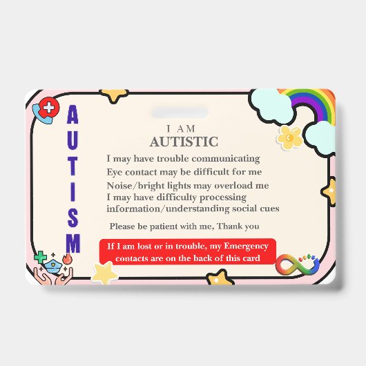 I Have Autism ID Personalized Autistic Name Badge バッジ (表面)