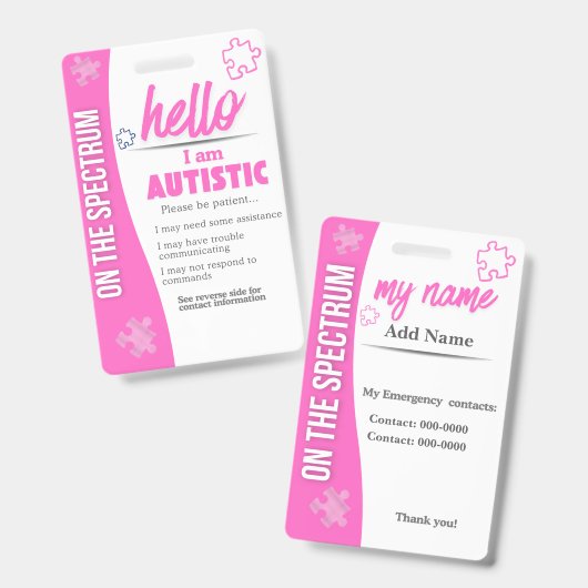 I Have Autism ID Personalized Autistic Name Badge バッジ (表裏)