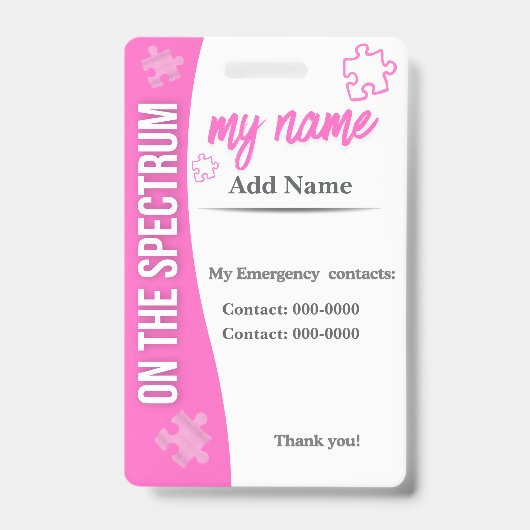 I Have Autism ID Personalized Autistic Name Badge バッジ (裏面)
