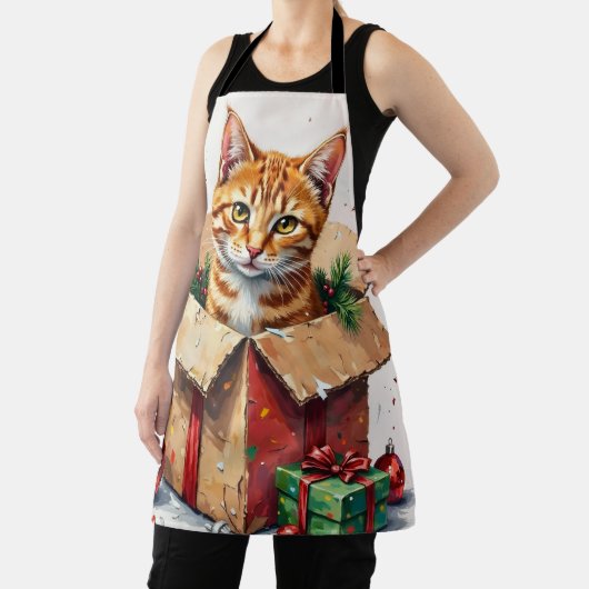 I Help Unpack! Funny Cat in Christmas Shipping Box エプロン (インサイチュ)