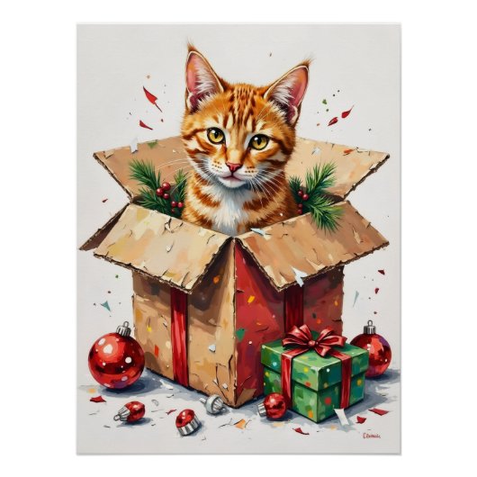 I Help Unpack! Funny Cat in Christmas Shipping Box ポスター (正面)