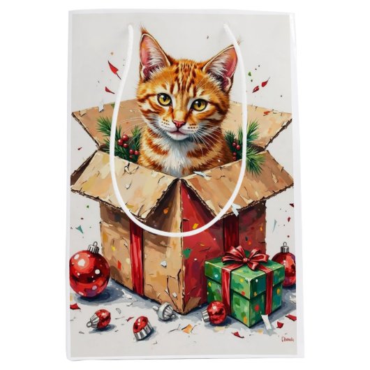 I Help Unpack! Funny Cat in Christmas Shipping Box ミディアムペーパーバッグ (正面)