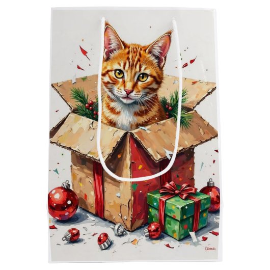 I Help Unpack! Funny Cat in Christmas Shipping Box ミディアムペーパーバッグ (裏面)