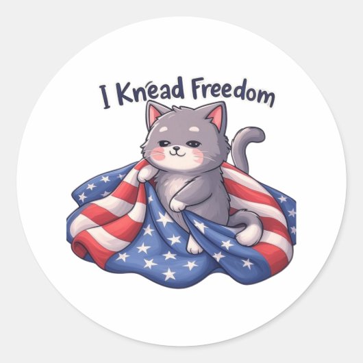 I Knead Freedom – 愛国おもしろい猫ステッカー ラウンドシール (正面)