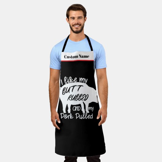 "I Like My Butt Rubbed and My Pork Pulled" BBQ エプロン (着用した状態)