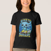 "I Like To Skatealotl" Roller Skating Axolotl Fun トライブレンドTシャツ (正面)