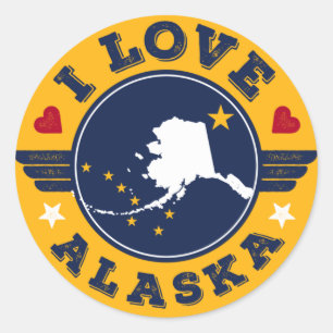 I Loveアラスカ州の地図と国旗 ラウンドシール