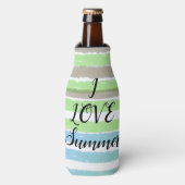 I LOVEサマーグリーンブルーウォーター色のストライプ ボトルクーラー (ボトル正面)