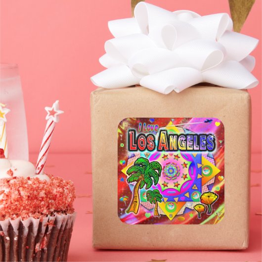 I LOVEロサンゼルストロピカルフレンズステッカー スクエアシール (パーティー)
