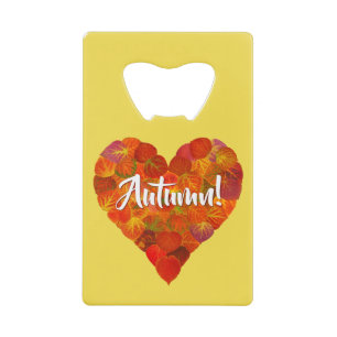 I Love Autumn, – 赤はっきりした《植物》アスペンリーフハート1 クレジットカード栓抜き