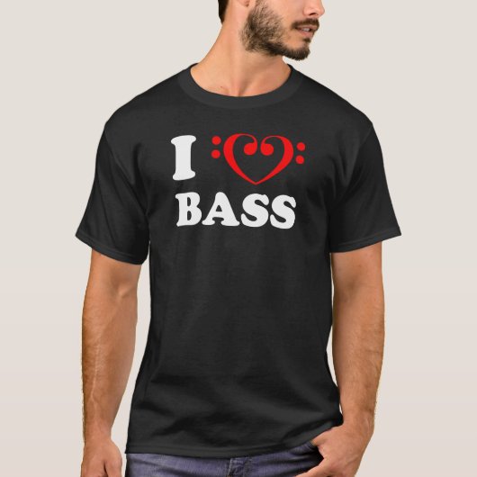 I Love Bass (Bassクレフ、 音符記号) Tシャツ (正面)