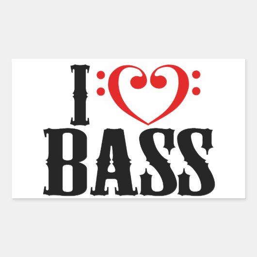 I Love Bass, with bassクレフ、 音符記号ハート 長方形シール (正面)