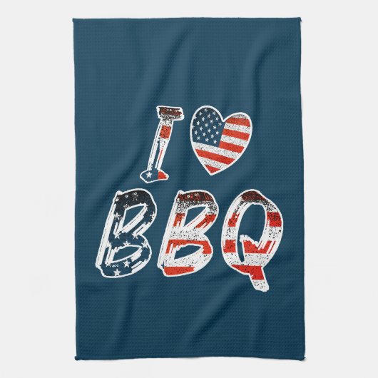 I Love BBQ, American Patriotic キッチンタオル (縦)