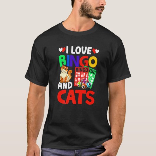 I Love Bingo And Cats Bingo呼び出し側ユーモア抽選L Tシャツ (正面)