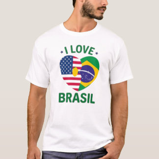 I Love Brasil USA Flag Heart Tシャツ