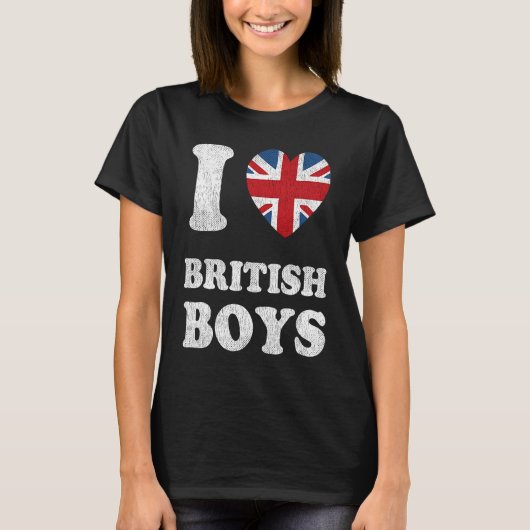 I Love British Boys UK Union Jack Heart Flag Tシャツ (正面)