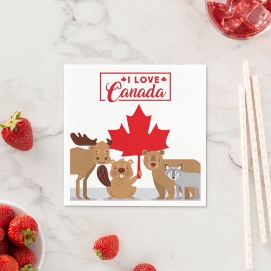 I Love Canadaムースビーバーベアーウルフ |カナダの日 スタンダードカクテルナプキン (インサイチュ)