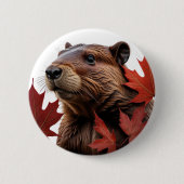 I Love Canada - Canadian Beaver with Leaf 缶バッジ (正面)