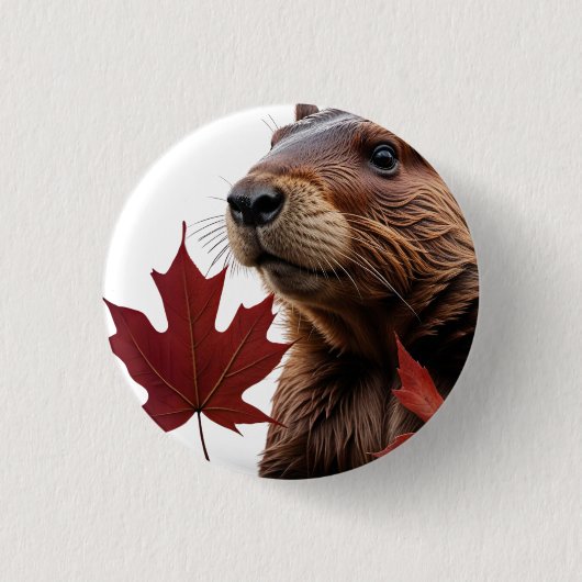 I Love Canada - Canadian Beaver with Leaf 缶バッジ (正面)