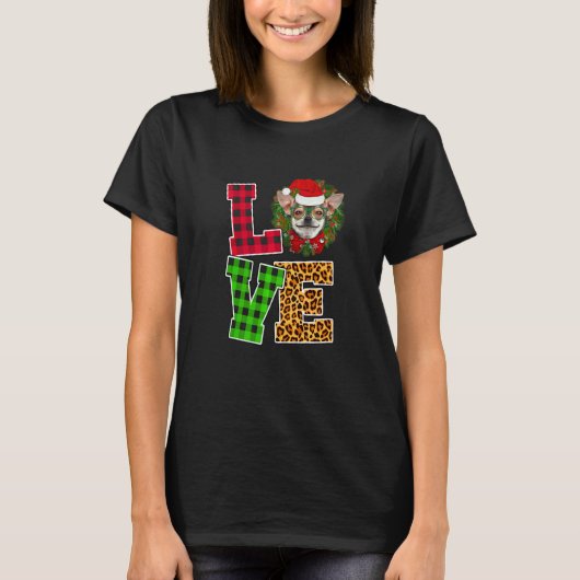 I Love Chihuahua Dog Santa Hat Leopard Christmas X Tシャツ (正面)